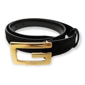 GUCCI Vintage Golden Square G Cowhide Dark Brown Hair-on Leather Belt Size 26-28